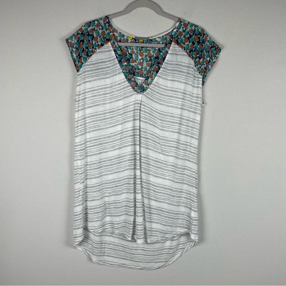 Anthropologie Little Yellow Button Striped Floral Short Sleeve Top Size XL